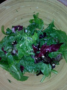 Mixed herb greens salad with Himalayan Salt with Lavender, roasted pine nuts and grated parmesan.